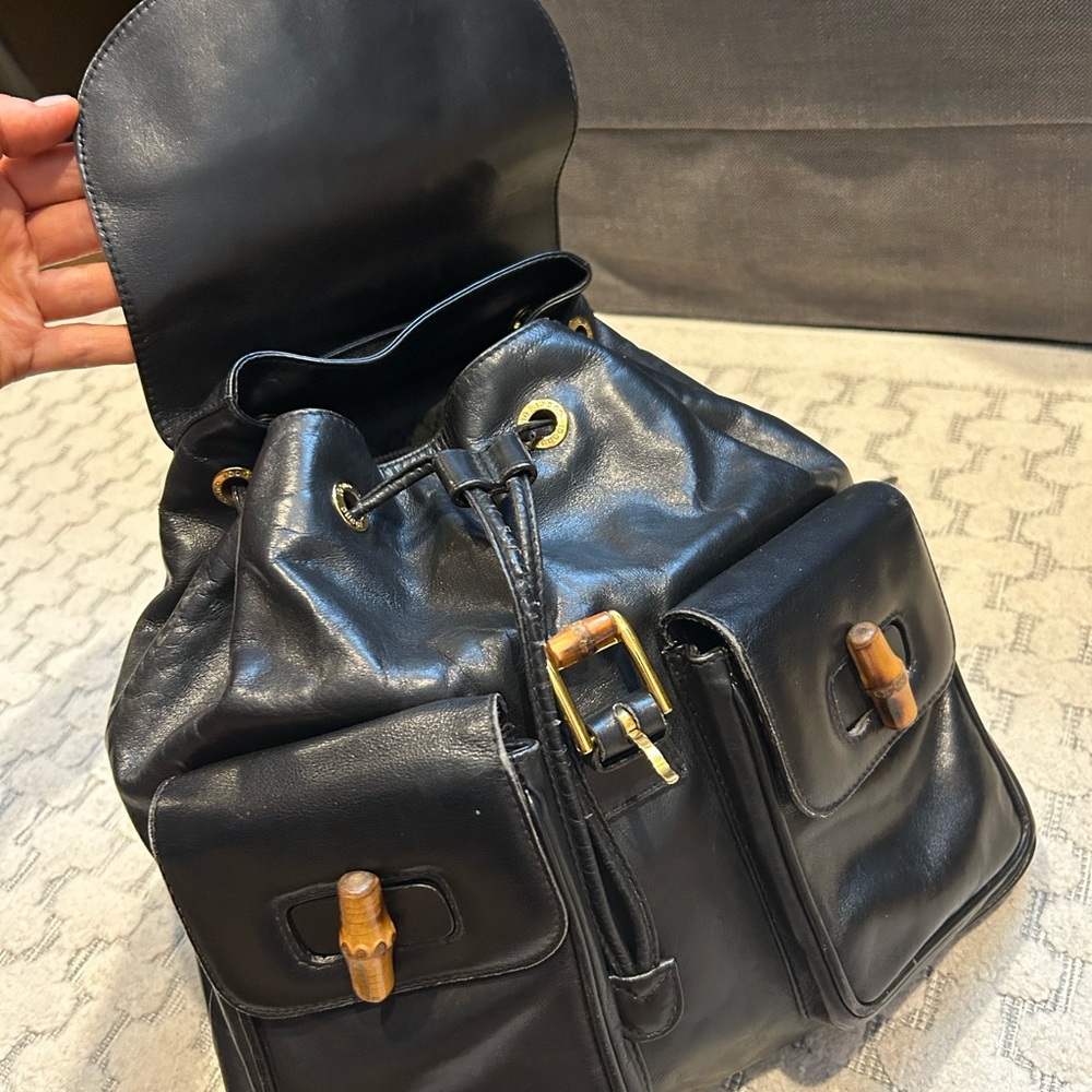 Gucci Black Leather Bamboo-Trim Backpack - Picture 5 of 9
